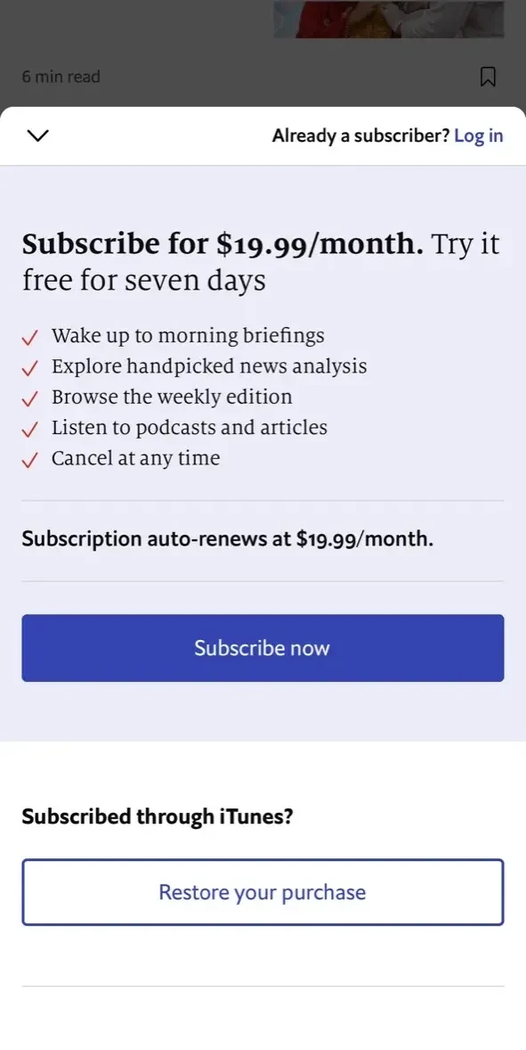 The Economist paywall screen
