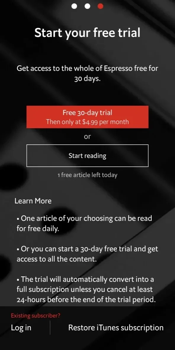 Espresso from The Economist paywall screen