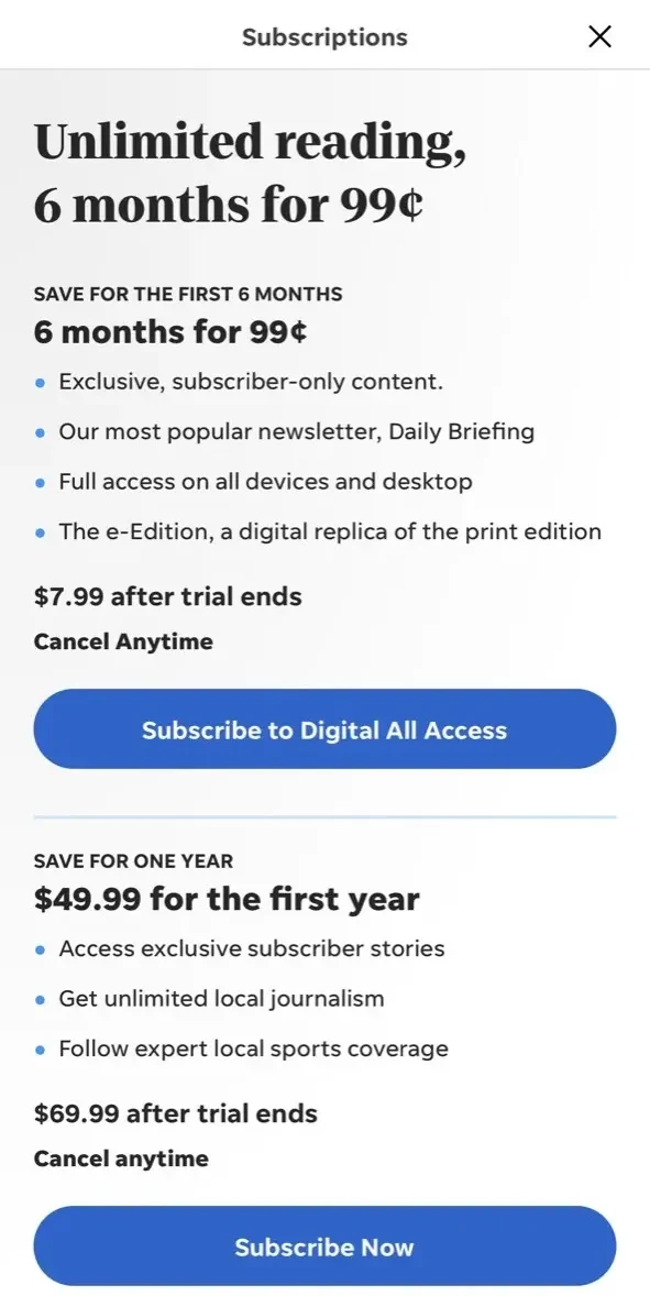 The Erie Times paywall screen