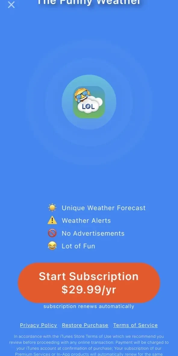 The Funny Weather paywall screen