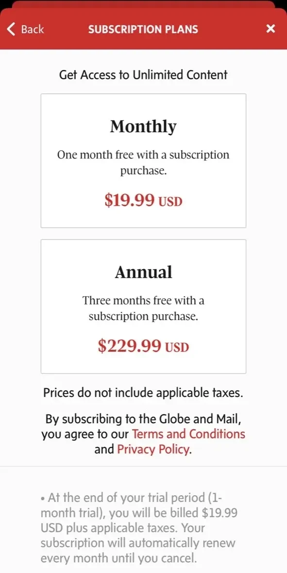 The Globe paywall screen