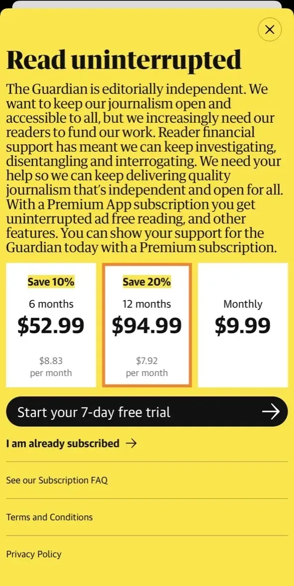 The Guardian paywall screen