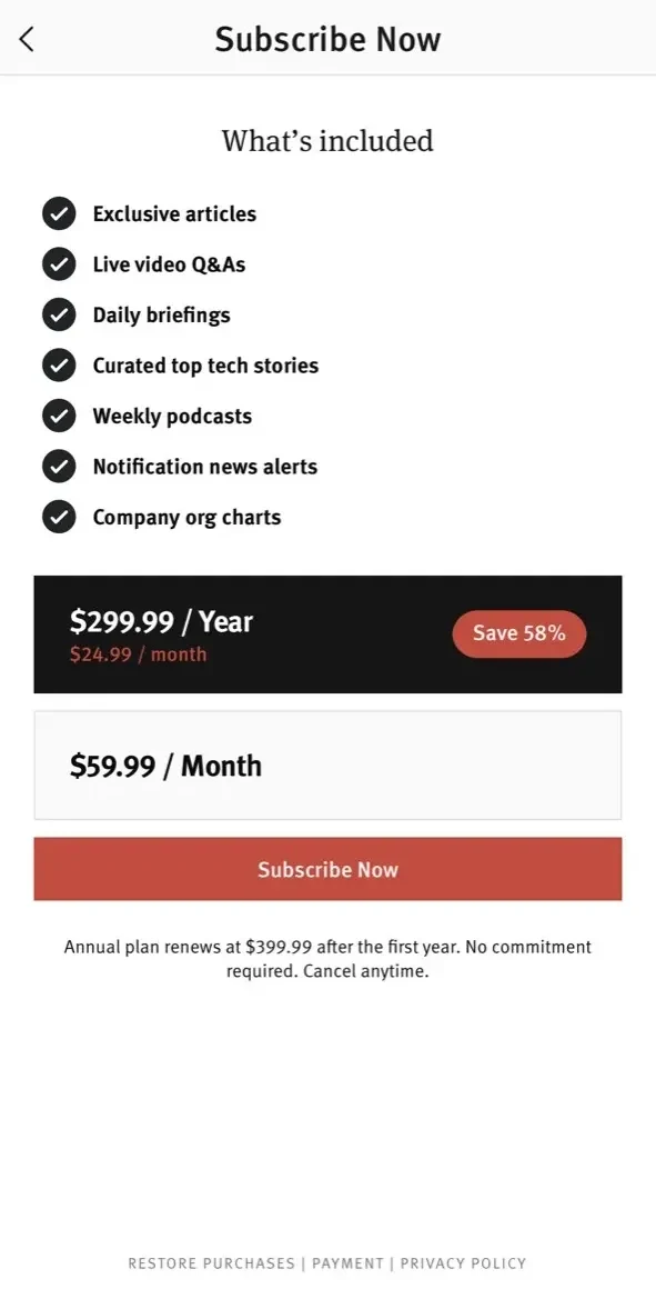The Information paywall screen