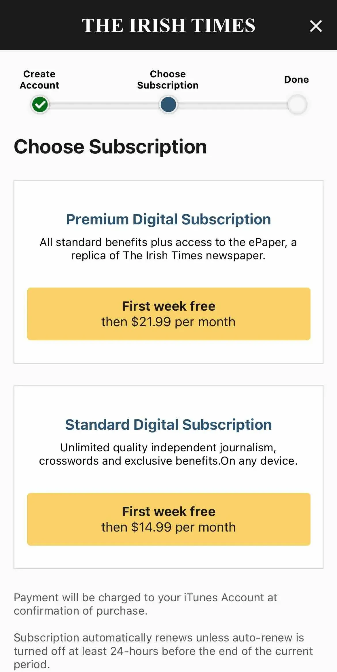 The Irish Times News paywall screen