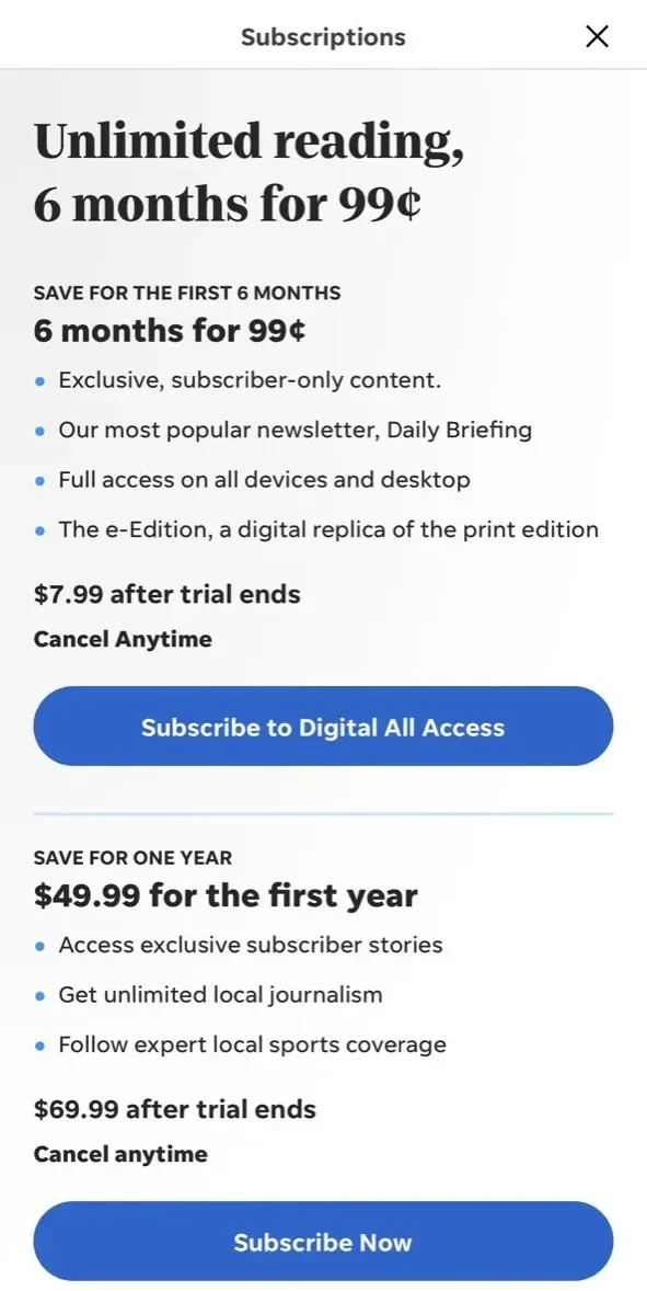 The Lubbock Avalanche paywall screen