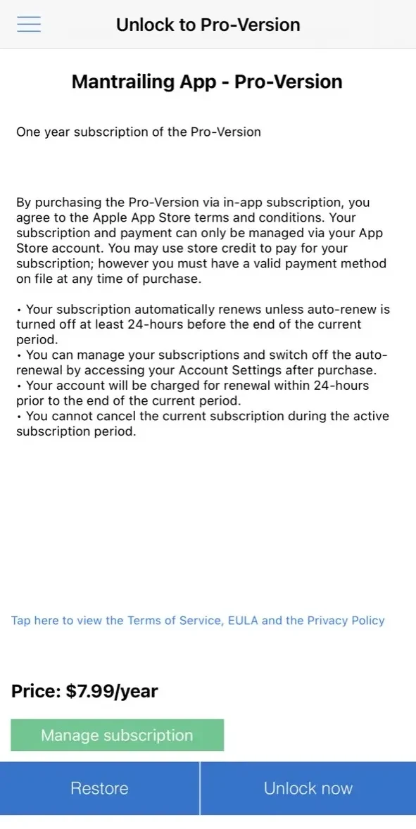The Mantrailing App paywall screen