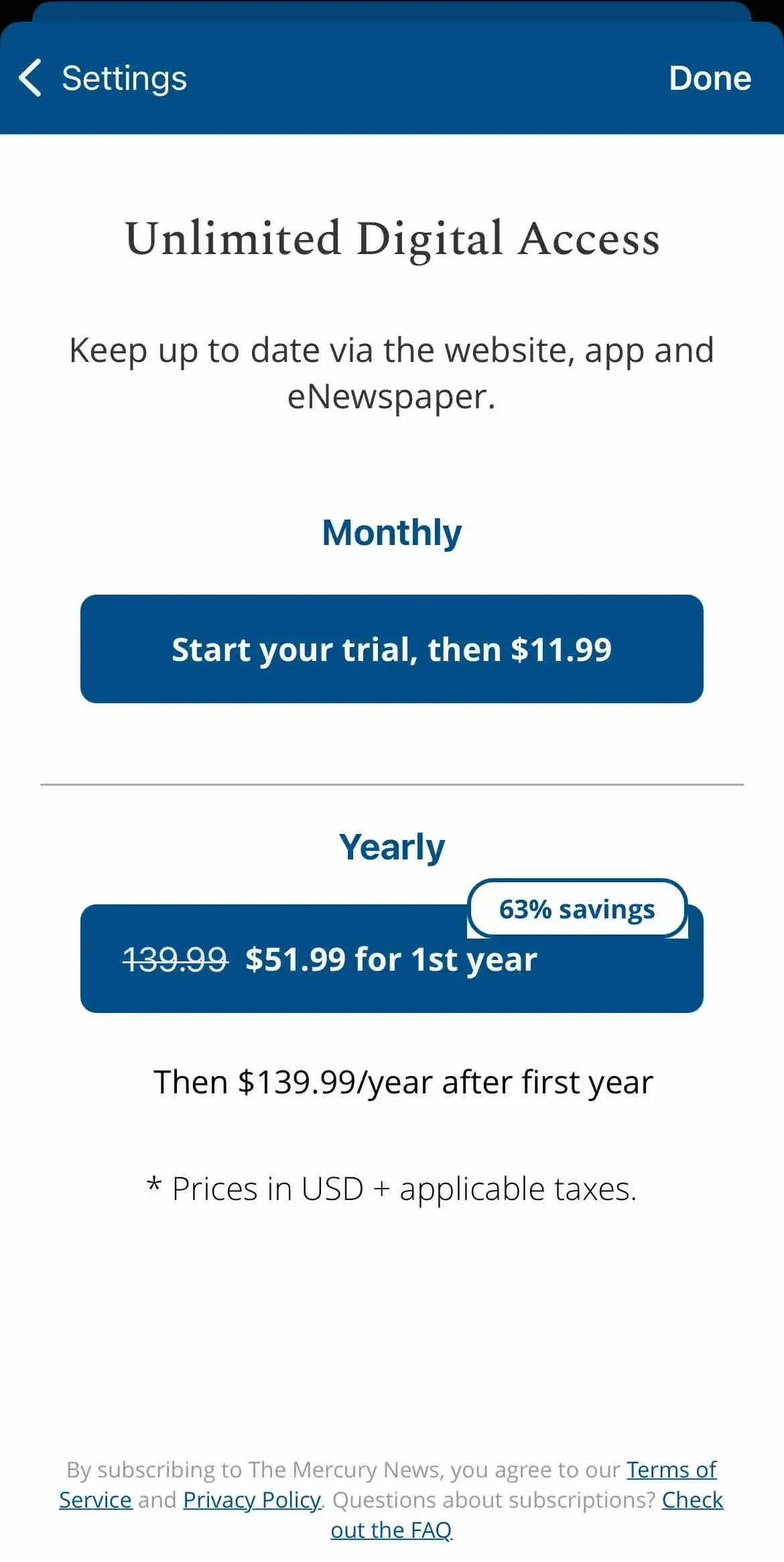 The Mercury News paywall screen