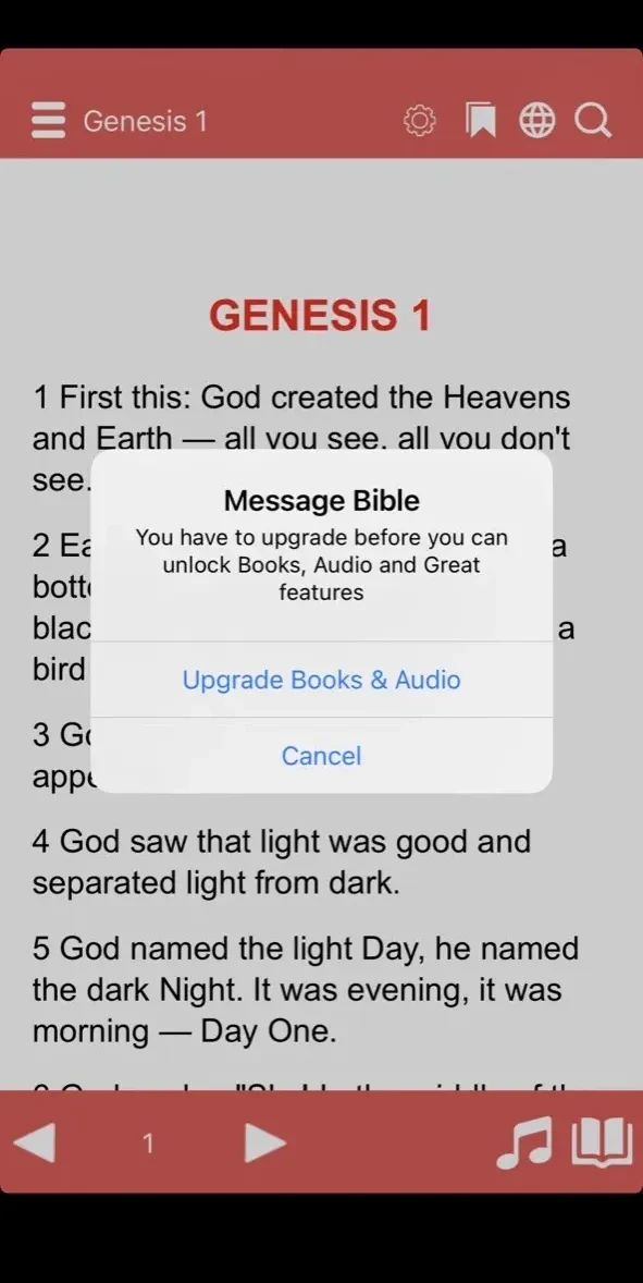 The Message Bible MSG Audio paywall screen