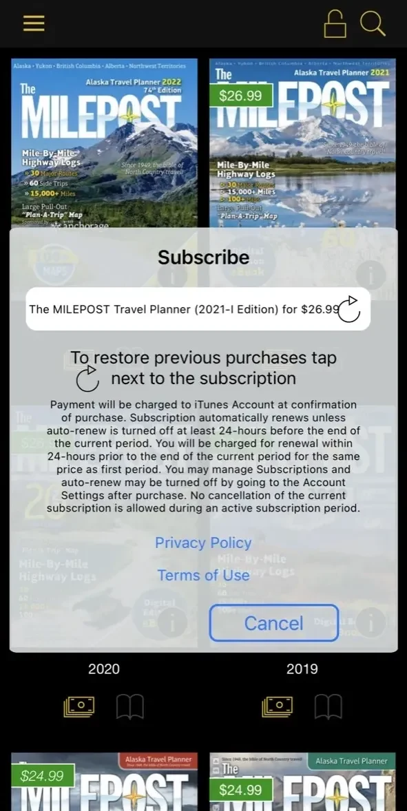 The MILEPOST paywall screen