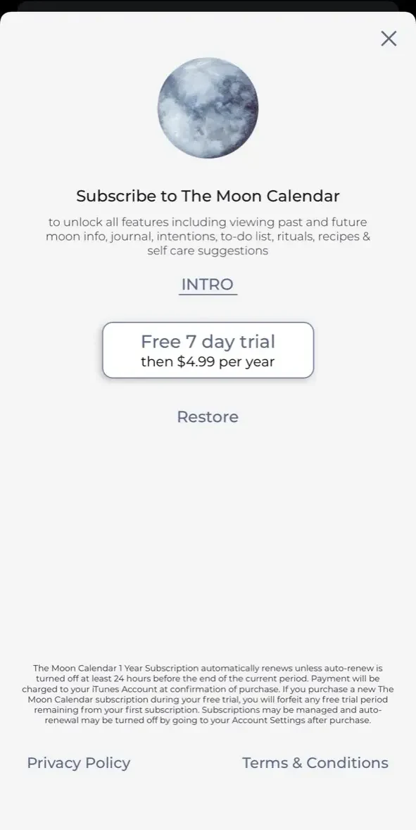 The Moon Calendar paywall screen