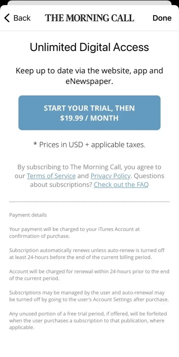 The Morning Call paywall screen