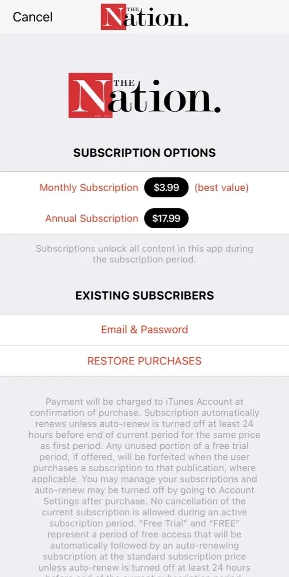 The Nation Magazine paywall screen