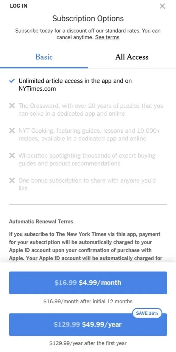The New York Times paywall screen