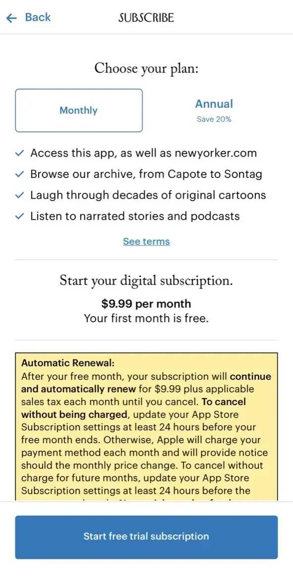 The New Yorker paywall screen