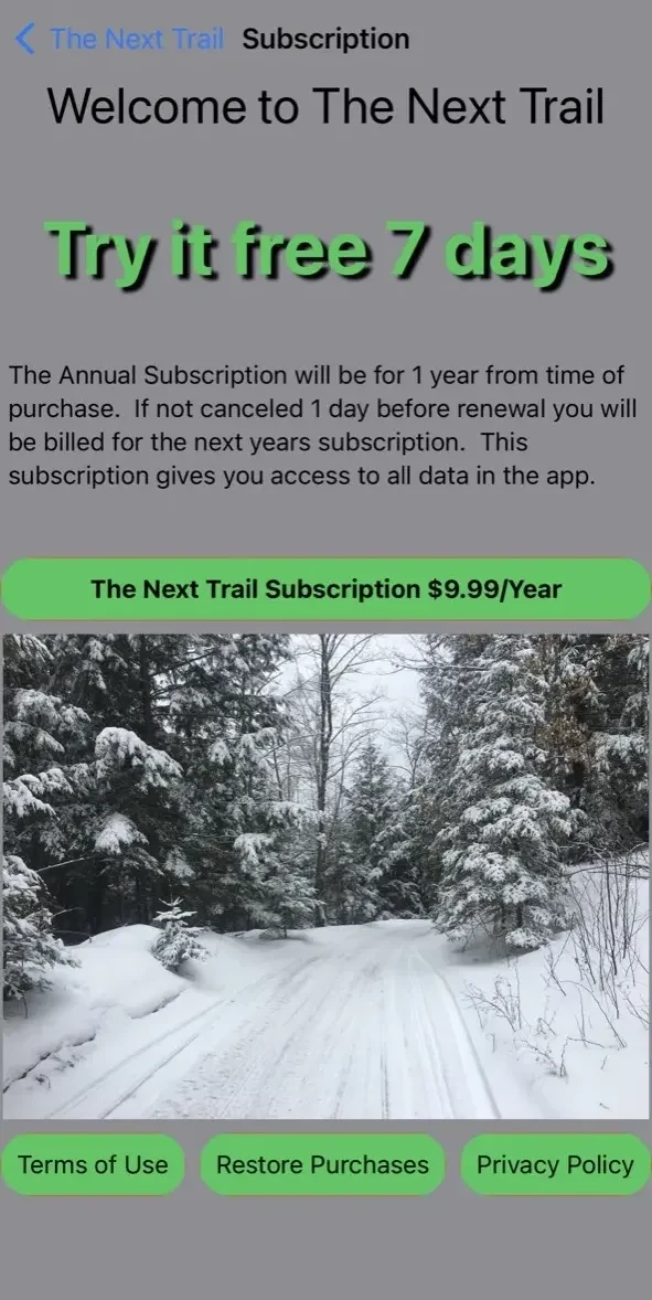 The Next Trail paywall screen
