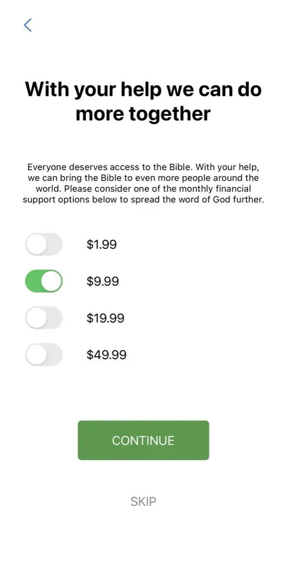The One Bible App paywall screen