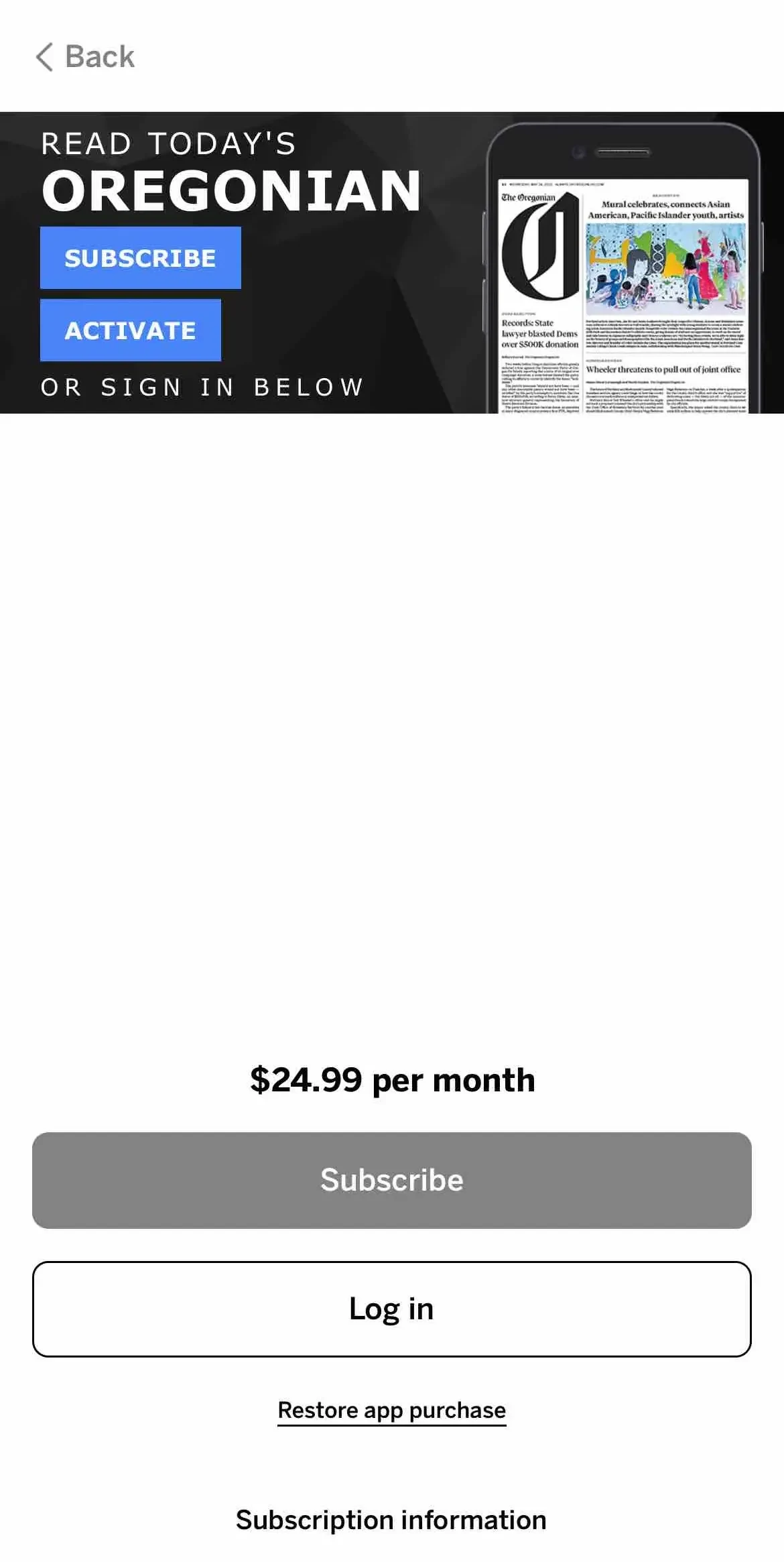 The Oregonian News paywall screen
