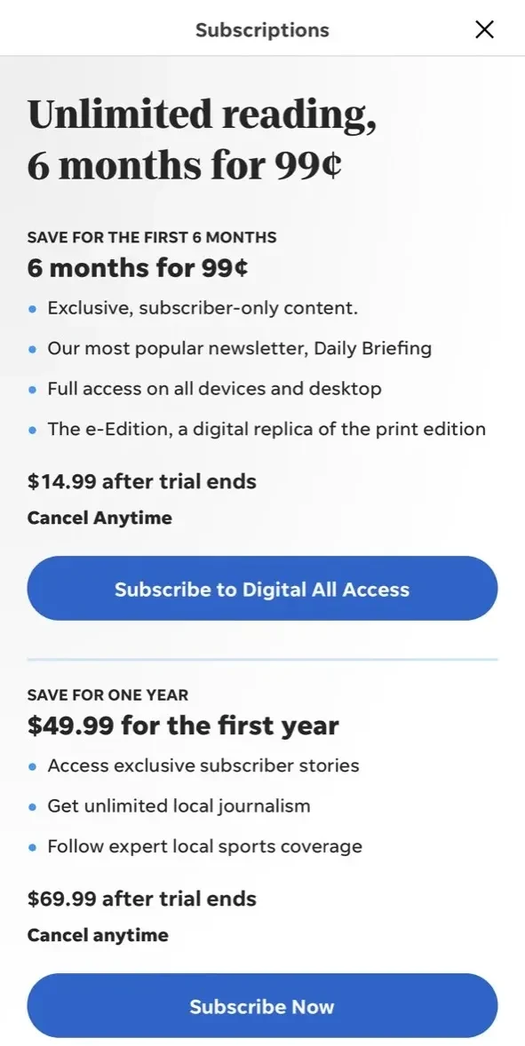 Palm Beach Post paywall screen