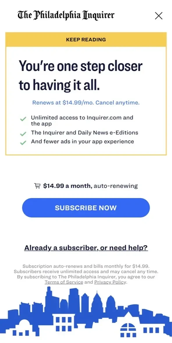 The Philadelphia Inquirer paywall screen