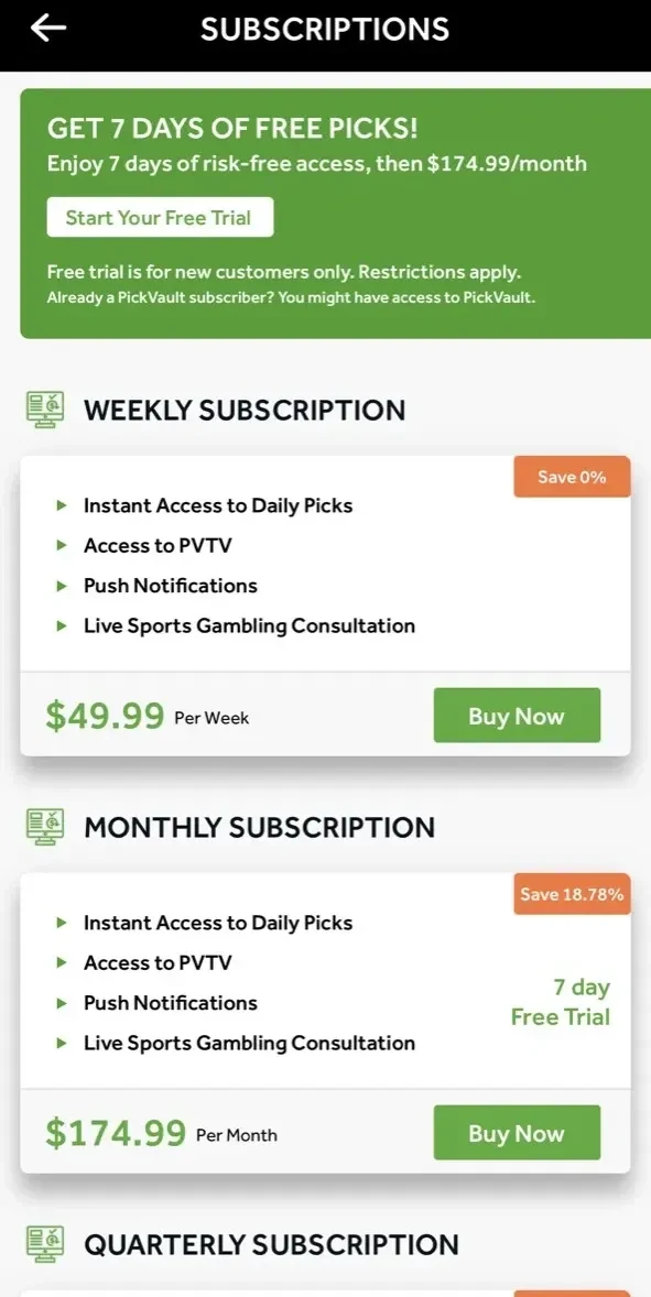 The Pick Vault paywall screen