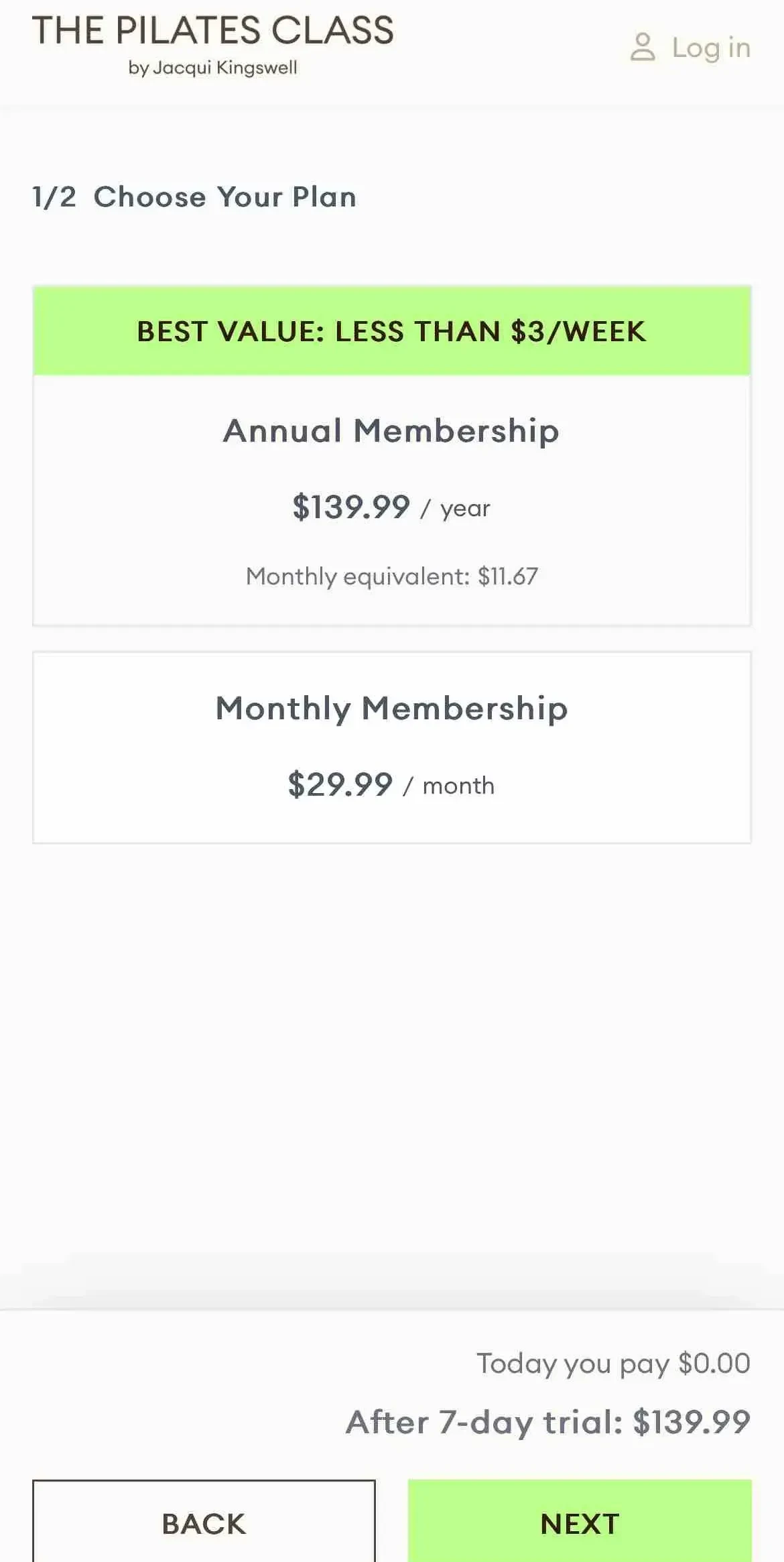 The Pilates Class paywall screen