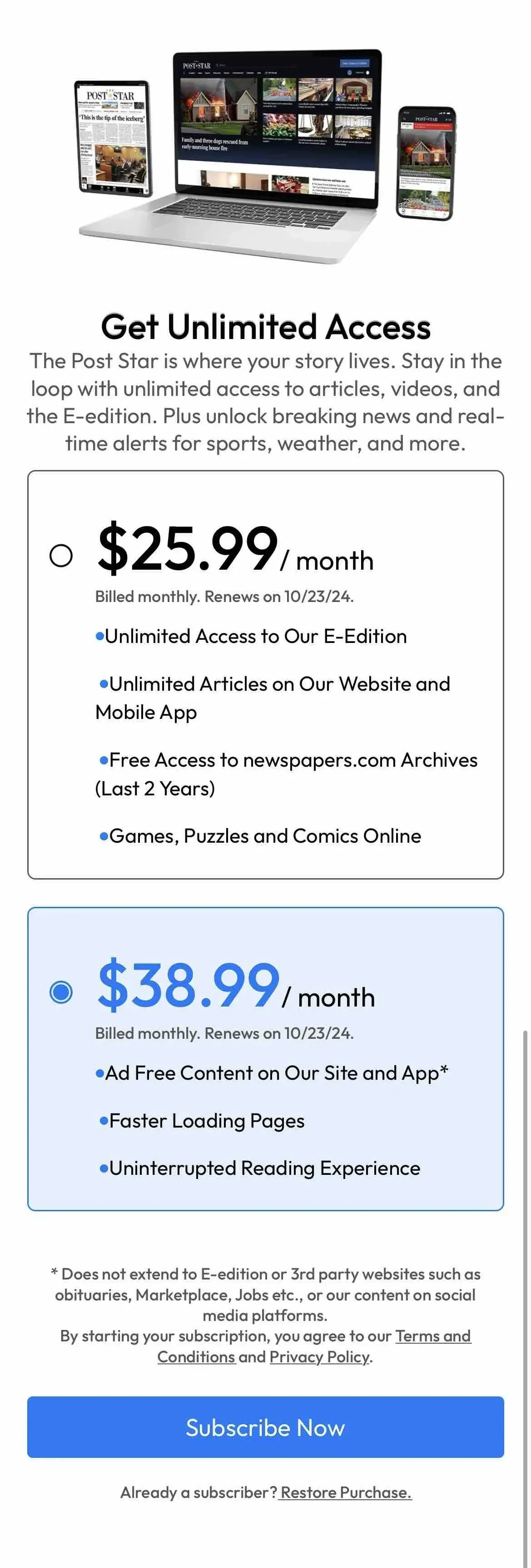The Post Star paywall screen