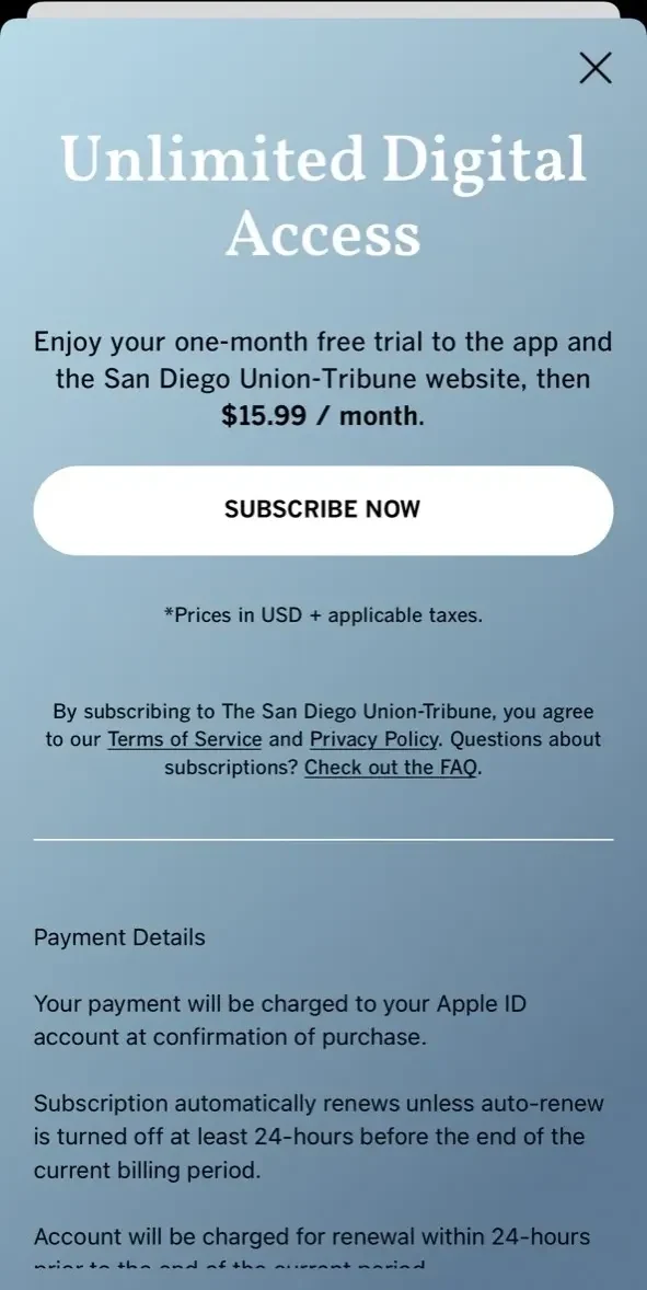 The San Diego Union paywall screen