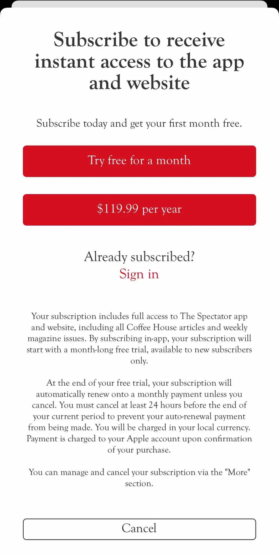 The Spectator Magazine paywall screen