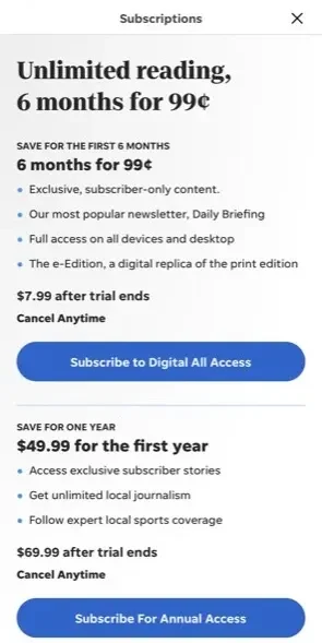 The Standard Times paywall screen
