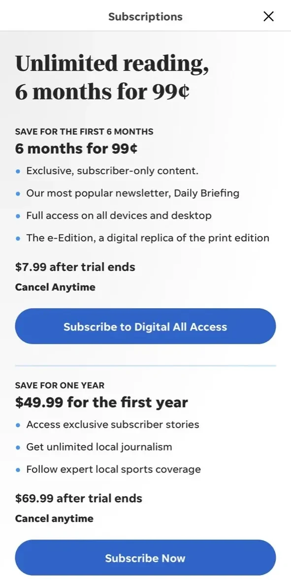 The Stockton Record paywall screen
