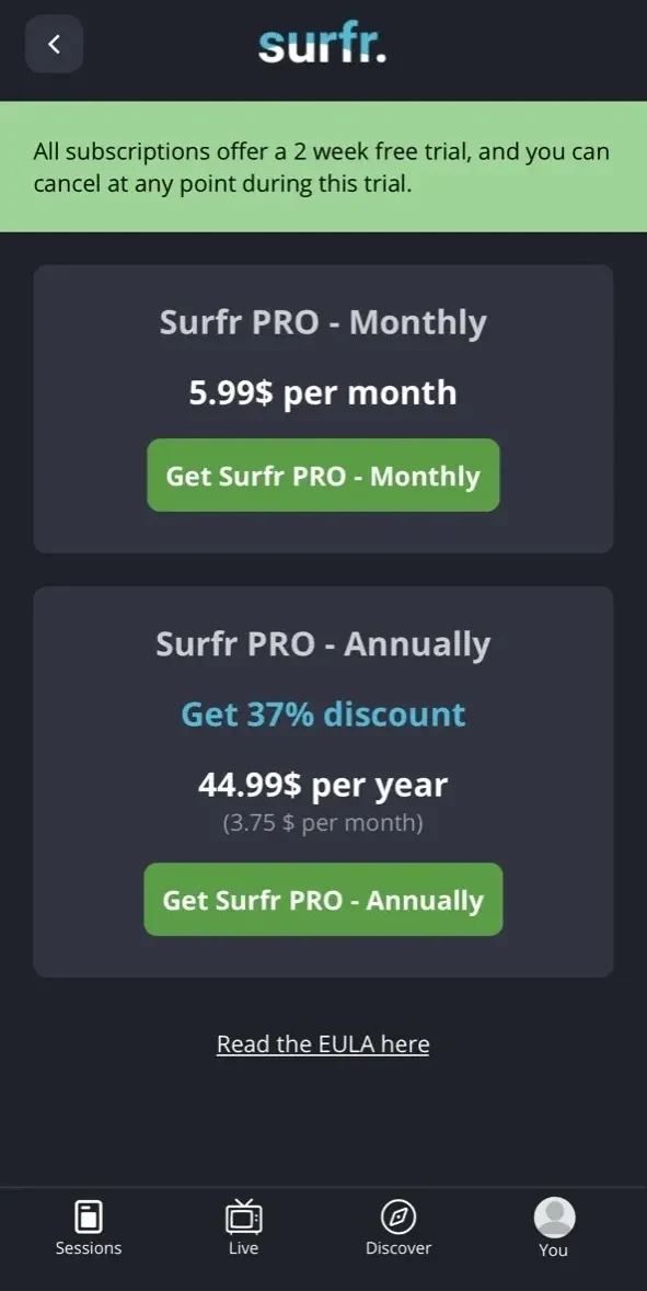 The Surfr. App paywall screen
