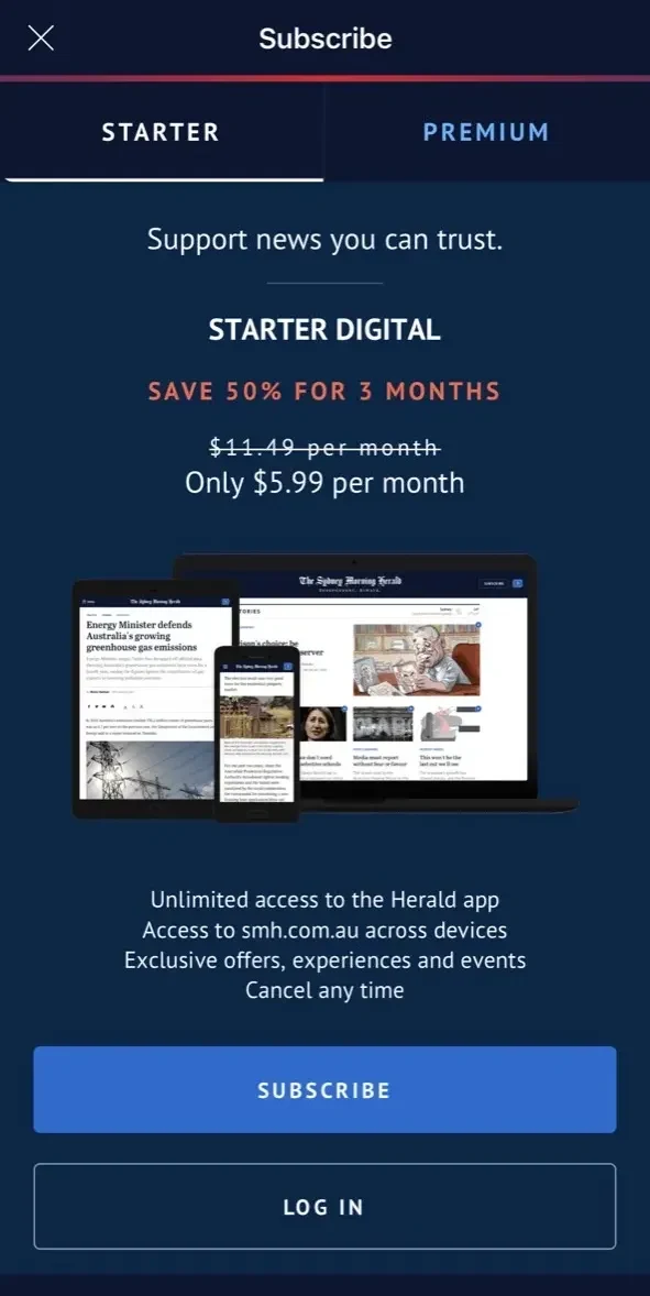 The Sydney Morning Herald paywall screen