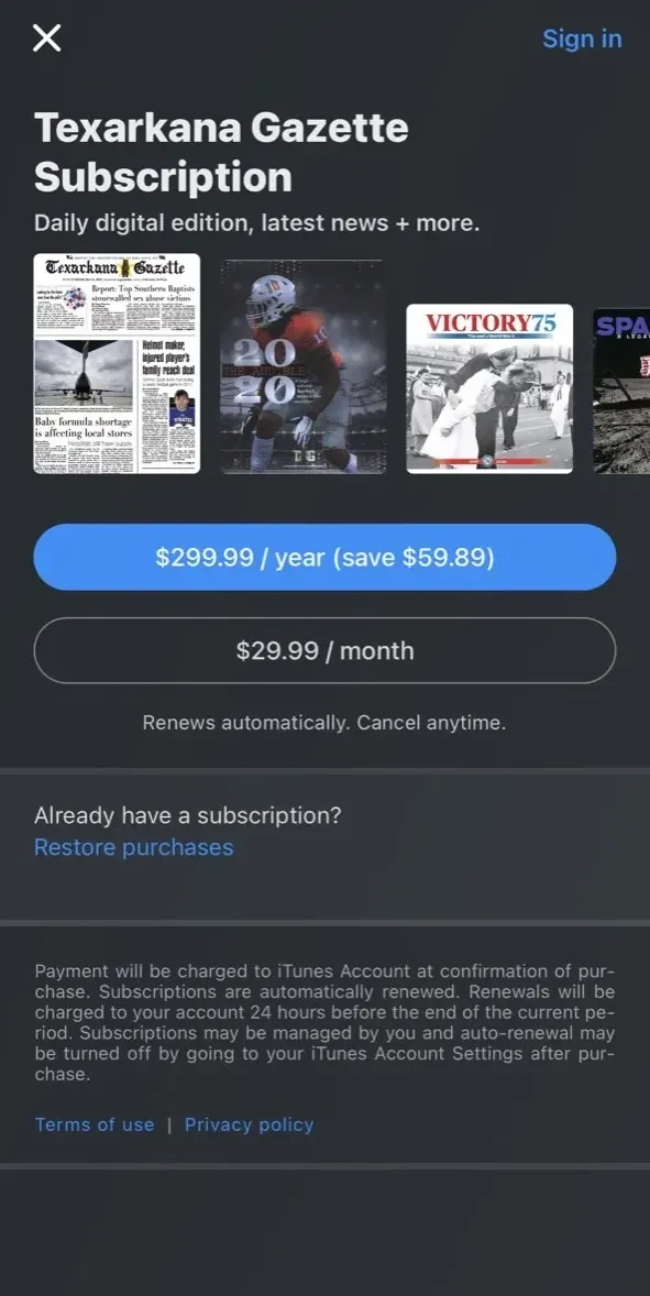 The Texarkana Gazette paywall screen
