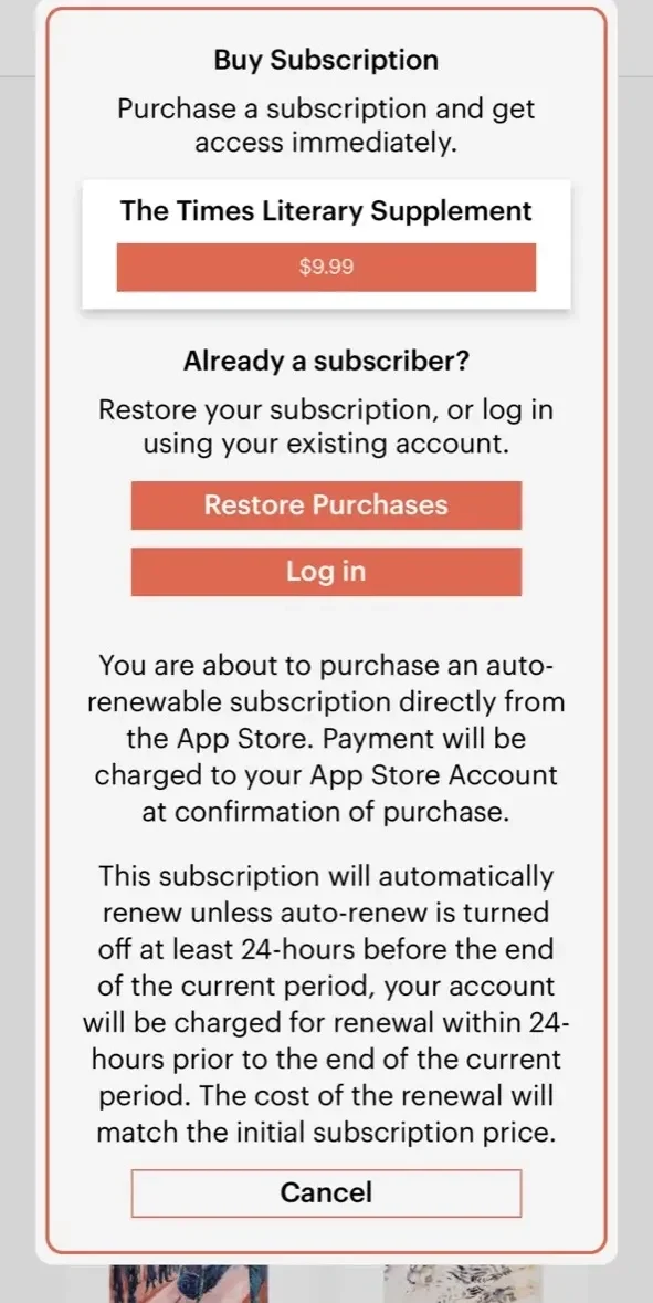 The Times Literary Supplement paywall screen
