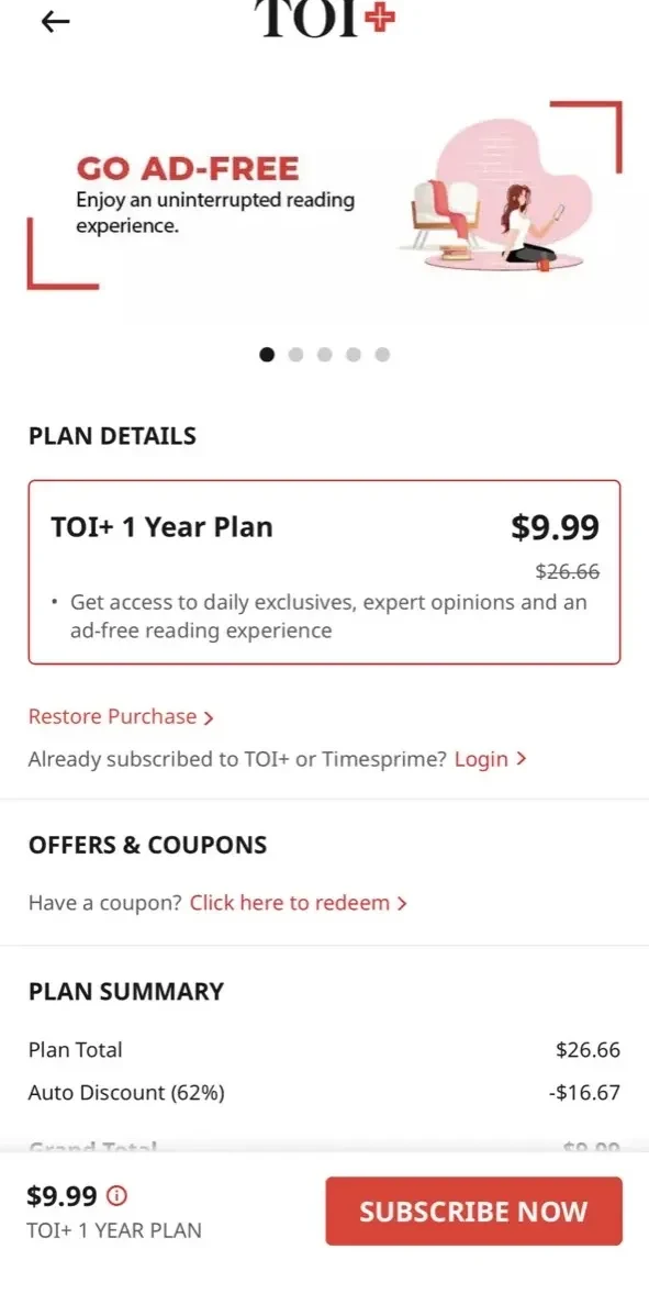 The Times of India paywall screen