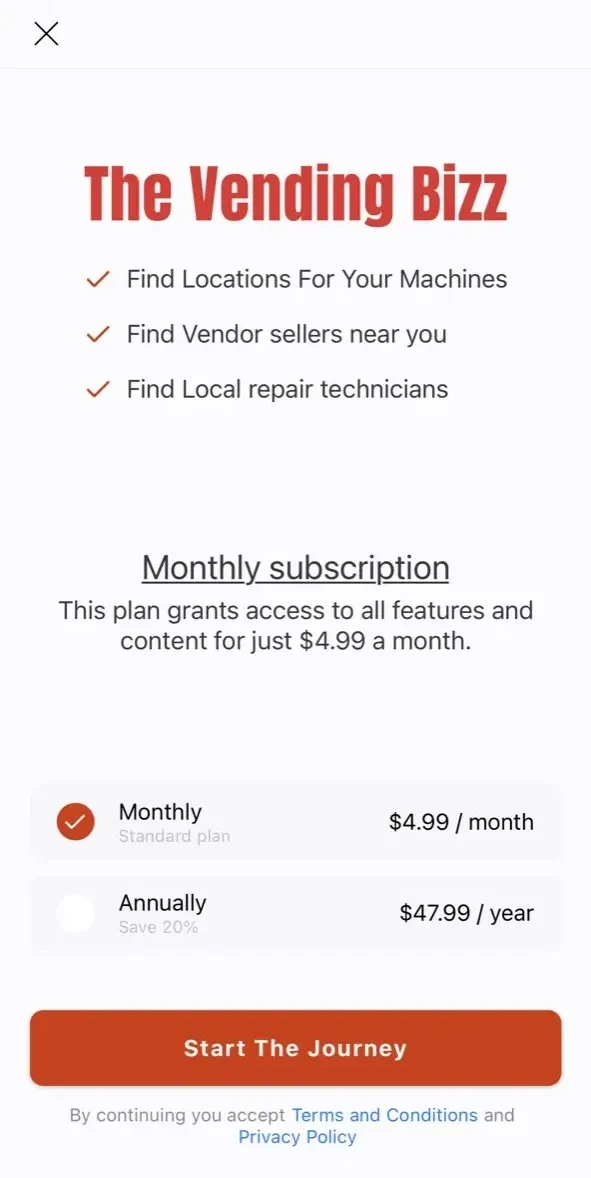 The Vendlist paywall screen