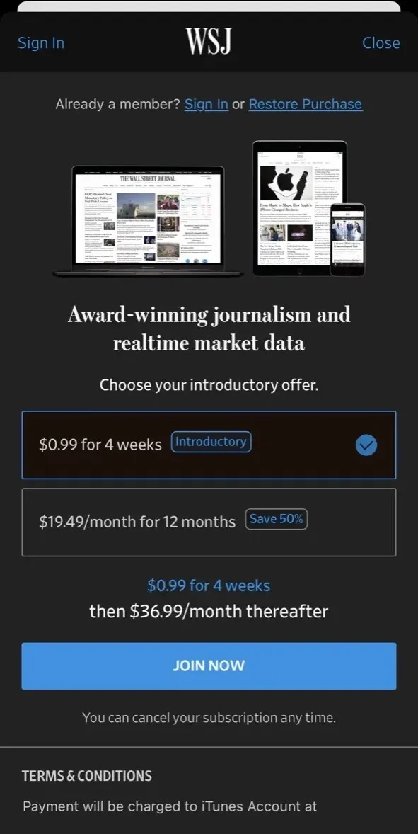 The Wall Street Journal. paywall screen