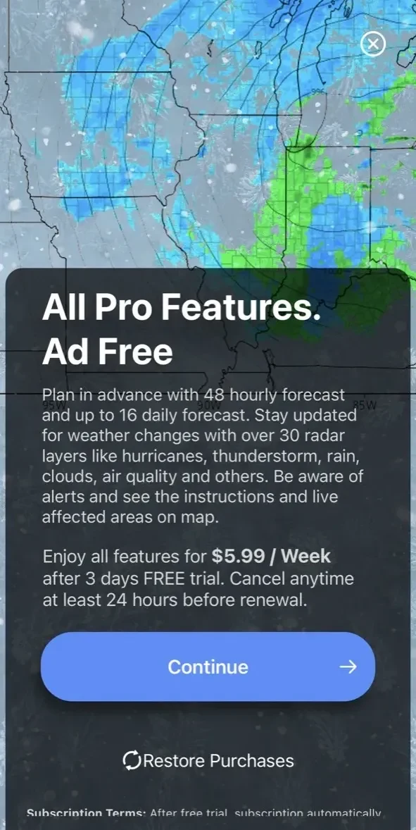 The Weather Forecast App paywall screen