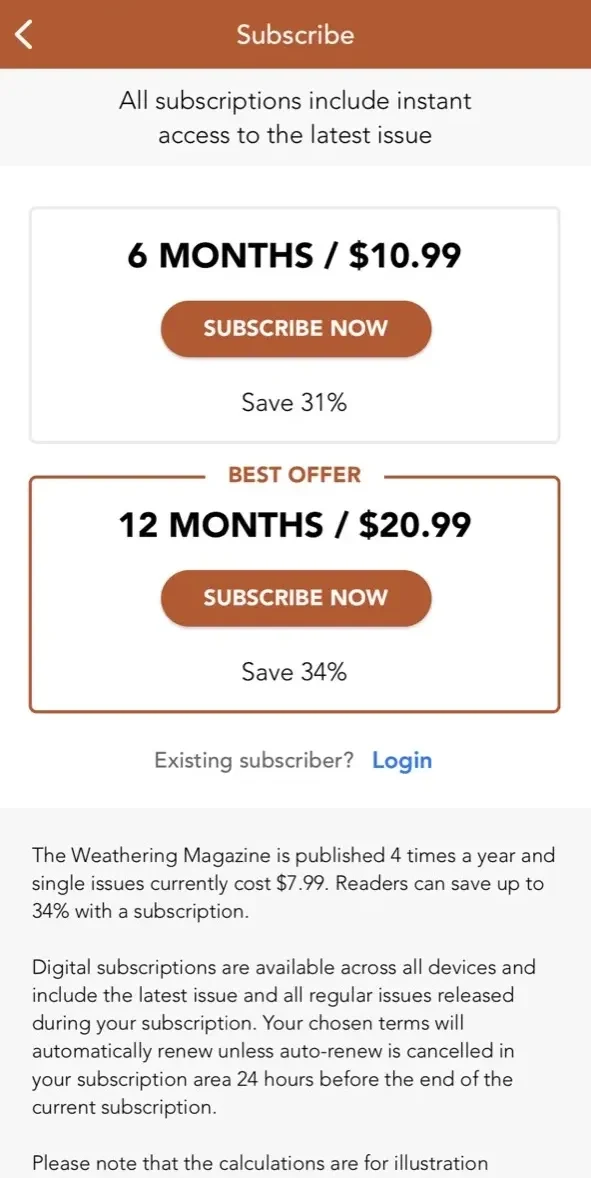 The Weathering Magazine App paywall screen