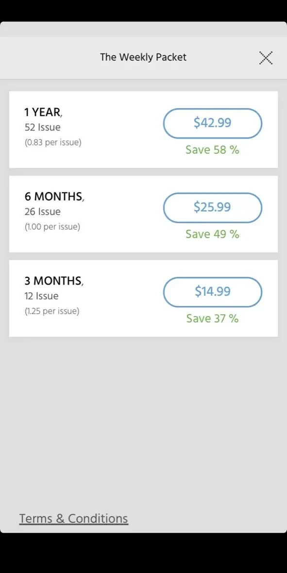 The Weekly Packet paywall screen