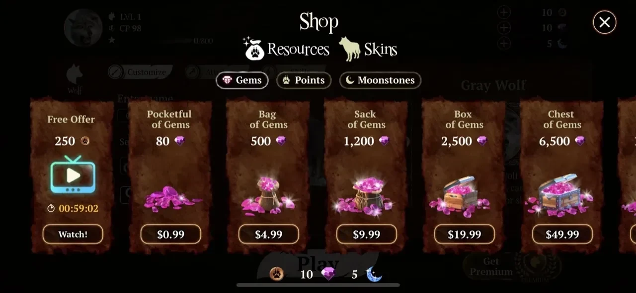 The Wolf paywall screen