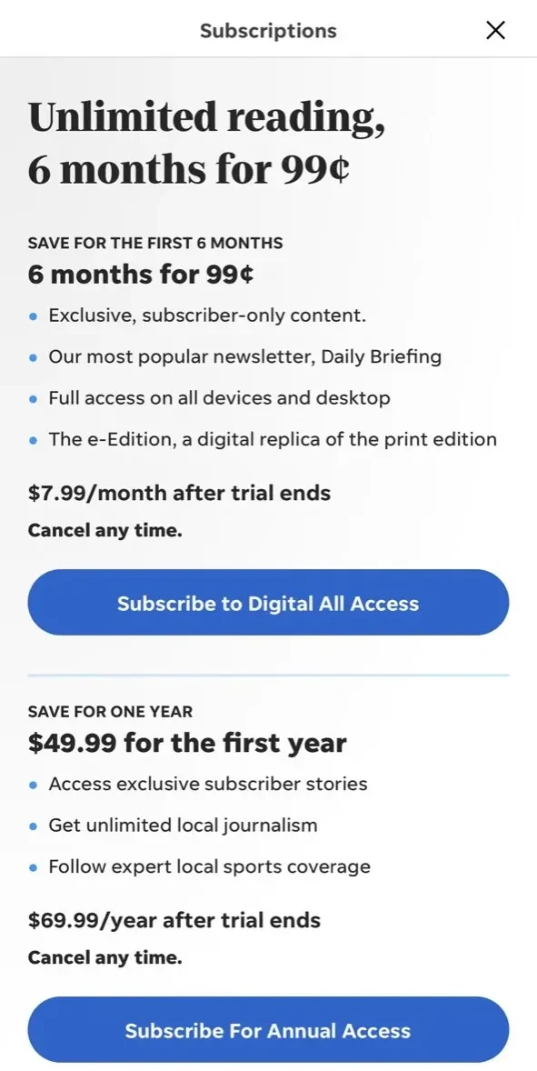 The York Dispatch paywall screen