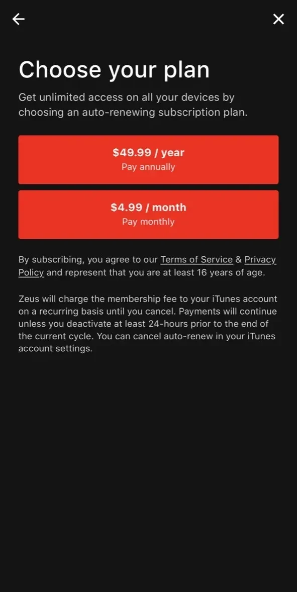 The Zeus Network paywall screen