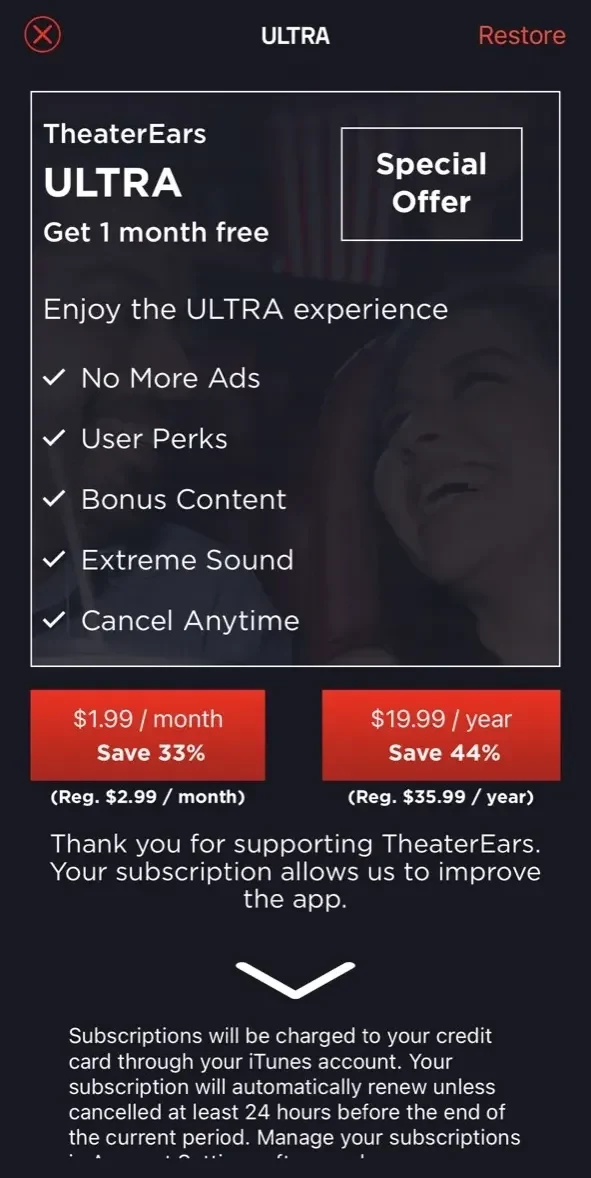 TheaterEars paywall screen