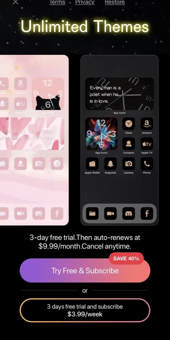 Themes paywall screen