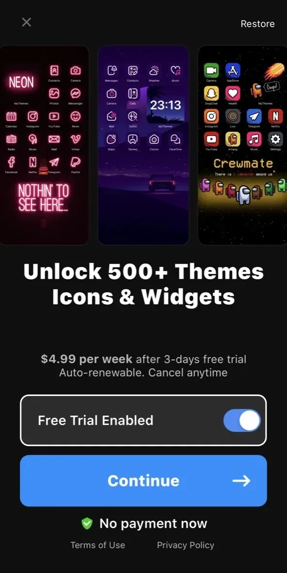 Themes Widgets Icon paywall screen