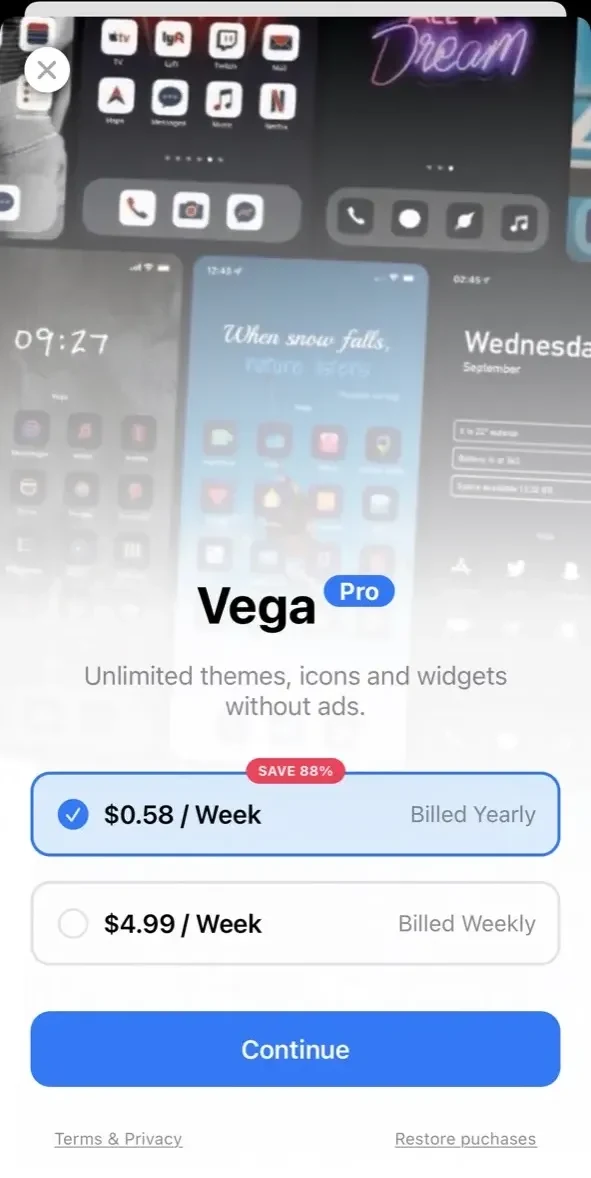Themes Widgets paywall screen