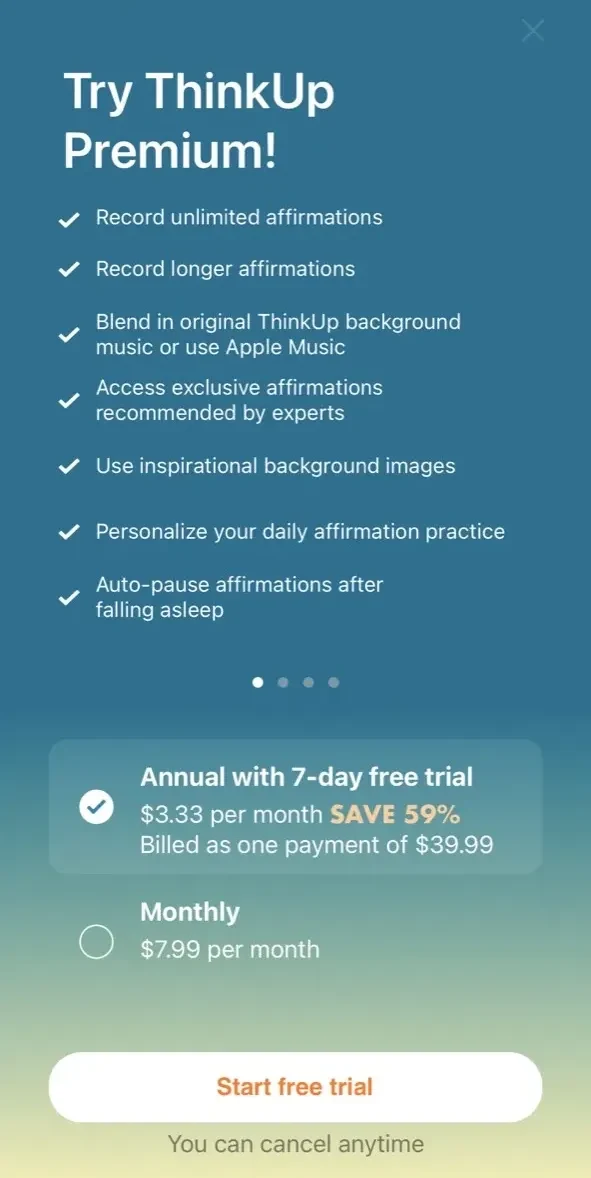 ThinkUp paywall screen