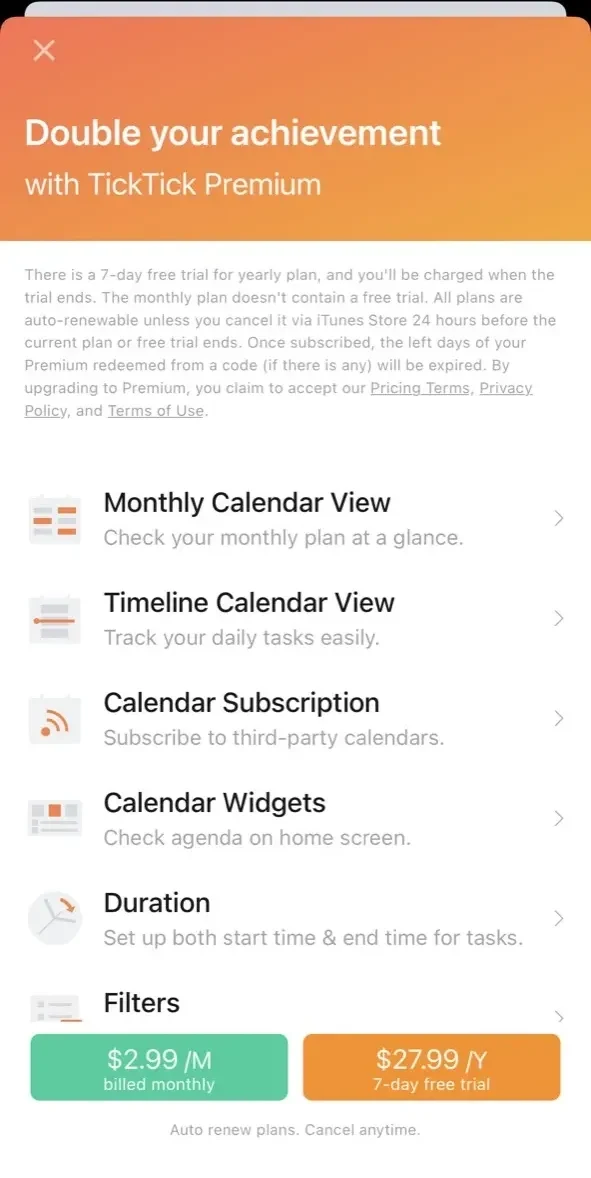 TickTick paywall screen