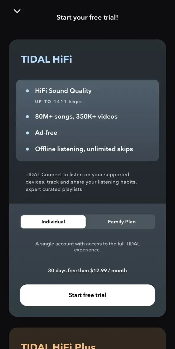 TIDAL Music paywall screen